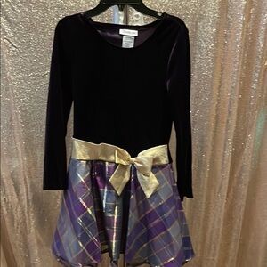 Bonnie Jean Purple Velvet Top Plaid Skirt Dress with Gold Bow